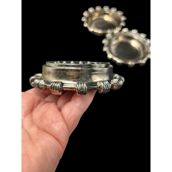 Set 3 Vintage Silver Tone Chainlink Trim Ashtray Glass Metal Rim 3"  Industrial - Picture 5 of 11